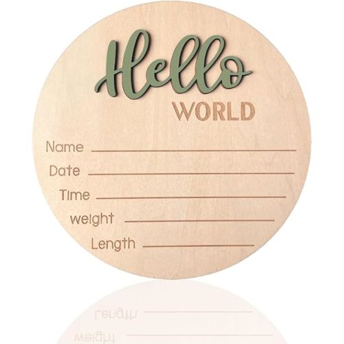 Baby Announcement Sign, 5.9 Inch Wooden Hello World Newborn Signs, Birth Announcement Sign, Baby Shower Hospital Nursery for Newborn Boys and Girls (Forest Green)