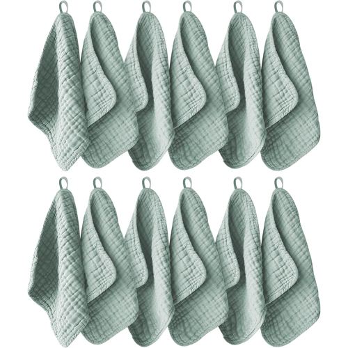 12 Pack Muslin Washcloths for Baby - 100% Cotton Baby Wash Cloths for or Baby Face Body Comfy and Soft for Newborn Infants Kids Girls and Boys - 12"x12" - Green
