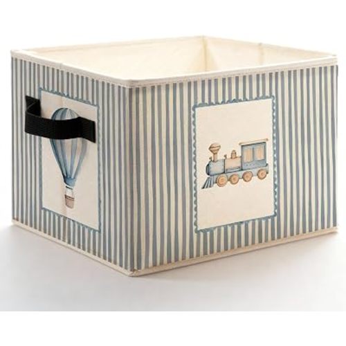 Transportation Nursery Storage Bins Box with Handles, Hot Air Balloon Airplane Train Sailboat Blue Striped Foldable Basket Toybox for Kids Boys Nursery Room Bathroom Clothes Toys Books