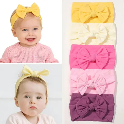 Hearuers 5Pcs Nylon Baby Bow Headbands, Soft Stretchy Hairbands with Bow for Newborns, Infants & Toddlers