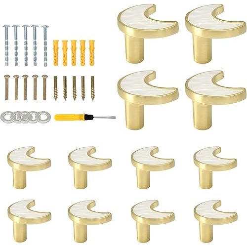 12 pcs Moon Shaped Cabinet Knobs,Moon Shaped Dresser Knobs,Gold Knobs for Kids,Boys,Girls Bedroom,Dresser,Drawers and Cabinet (White)