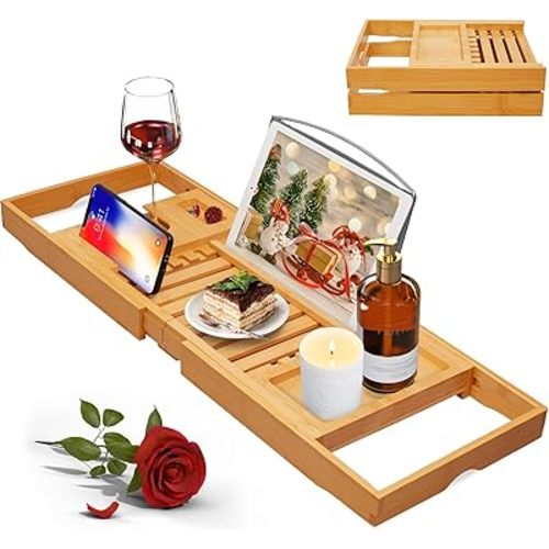 Artmalle Luxury Bathtub Caddy Tray for Tub - Foldable Bamboo Bath Table Tray with Book and Wine Glass Holder, Expandable Bathroom Accessories for Spa or Reading Lite Style