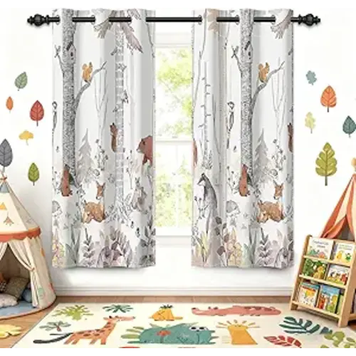 Kids Blackout Curtains for Nursery, Boy's Woodland Animal Print Curtains for Bedroom, Cartoon Room Darkening Window Drapes 2 Panels Set, White, 42W x 63L