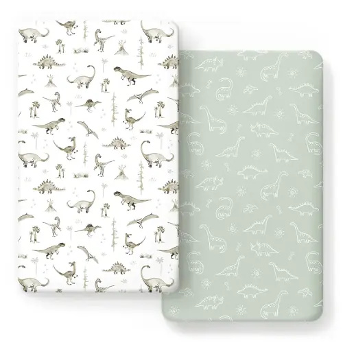 GRSSDER Stretch Ultra Soft Jersey Knit Fitted Crib Sheets Set 2 Pack,Fit All Standard Crib Mattress Pads Safe and Snug, Crib Fitted Sheet for Baby, Dinosaur