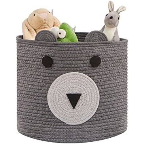 Cotton Rope Storage Basket, Cute Bear Basket with Handles, Nursery Storage, Baby Nursery Basket for Toys, Clothes, Towels, Animal Baskets as Gift for Kids, Grey, 12”(D) x 11”(H)