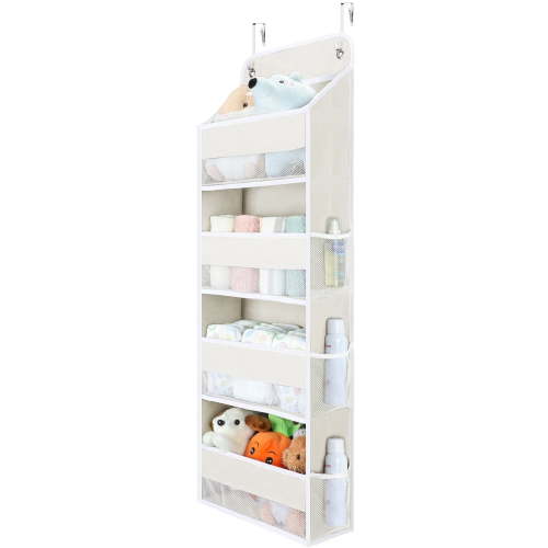 over the Door Organizer, LazySpin 4-Tier Closet Door Hanging Organizer with 6 Mesh Pockets, Ultra Sturdy Large Capacity Over Door Storage Nursery Essentials, Off-White