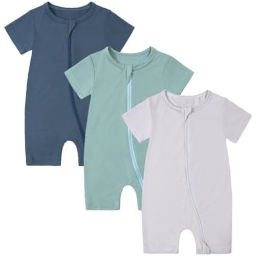 OPAWO Bamboo Baby Pajamas 3 Pack, Double Zipper Bamboo Sleepers for Baby Boy Girl Romper, Toddler Summer Clothes Outfit 0-24M