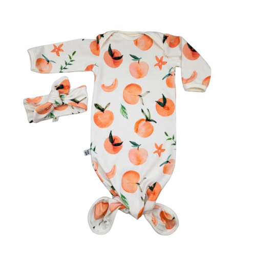 Handmade Soft cotton peach baby gown and headband set, stretchy knotted pajamas (0-3 months), sleeper, baby shower gift first photos