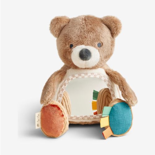 Itzy Ritzy Sensory Tummy Time Toy Mirror - Features Crinkle & Jingle Sounds, Multiple Textures and Mirror for Self-Discovery, Infant Toy for Ages 0 Months and Up, Bear