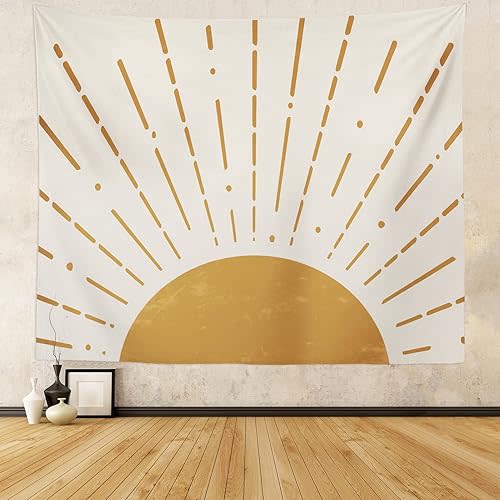 Boho Sun Tapestry Horizontal Sunset Sun rise Vintage Hippie Tapestries Wall Hanging Bedroom Bohemian Abstract Minimalist Yellow Mid Century Art Tapestry Wall Decor For Living Room Dorm,51.2x59.1