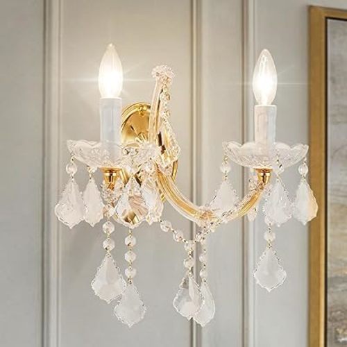 Crystal Wall Sconce Lighting, 2-Light Modern Crystal Wall Light Fixture Bathroom Maria Theresa Wall Lamp Light Fixtures for Living Room Wall Sconce Light Wall Mounted Lamp Indoor