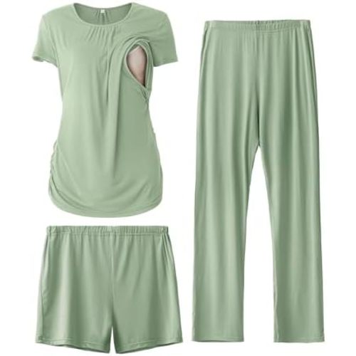SUNNYBUY Womens Maternity Nursing Pajamas Set, Short Sleeve Breastfeeding Shirts,Pregnancy Shorts & Pants 3 Piece Nursing PJS