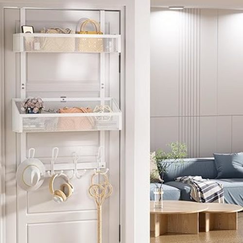 Over Door Hook Organizer 12 Hook Over The Door Organizer with 2 Mesh Baskets - Back of Door Storage Towel Rack Space Saving Storage Organizer for Bedroom, Bathroom, Kitchen, Pantry, White