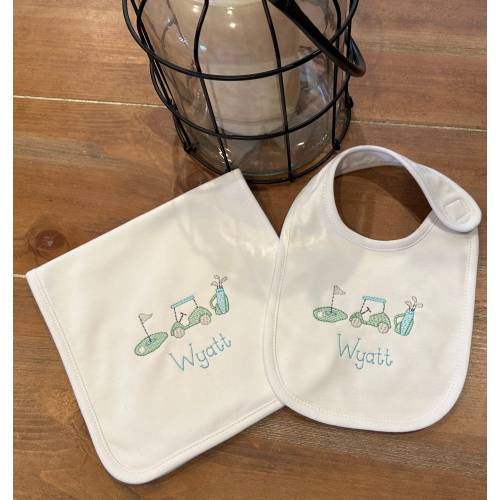 Golf Theme Baby Bib and Burp Cloth Set, personalized, embroidered