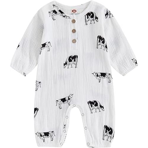Omkzanbi Highland Cow Jumpsuit Linen Button Down Romper Western Baby Boy Clothes Gender Neutral Fall One Piece Outfit 0-18M