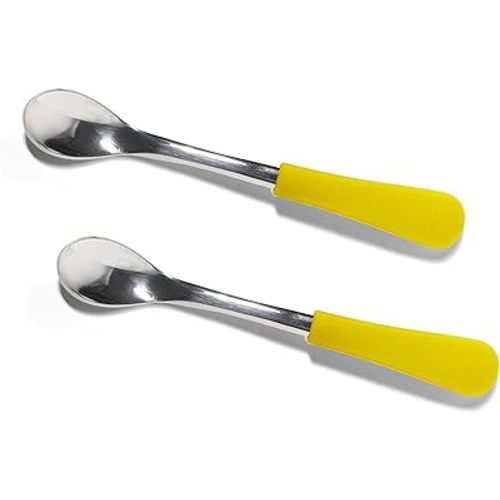 Avanchy Infant Baby Spoons Stainless Steel and Silicone Set, Self Feeding Food Utensils, 4 Months Baby Led Weaning, 2 Pack, Yellow