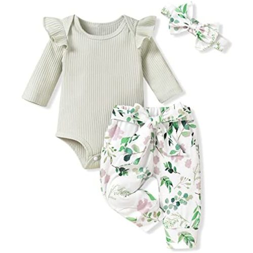 Aalizzwell Preemie Newborn Infant Baby Girls Clothes Ribbed Romper Bodysuit Pants Set Fall Winter Outfits