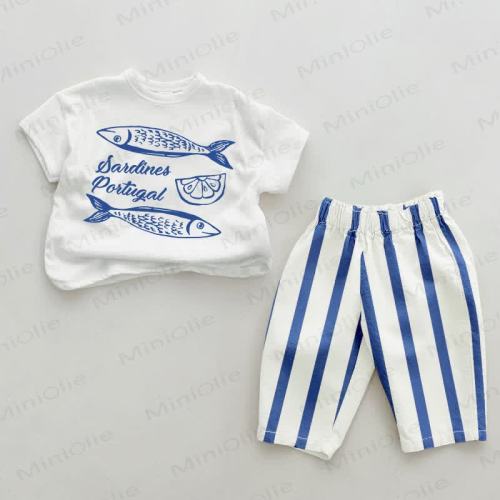 SARDINES PORTUGAL Baby 2-piece Blue Vertical Striped Set