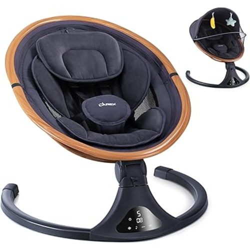 LAREX Baby Swings for Infants to Toddler, Electric Baby Swing with Remote Control, Rocker with 5 Speeds for Baby Boy Girl, 5-Point Harness, 3 Seat Positions, 12 Music (2024 Model-Dark Wood Grain)
