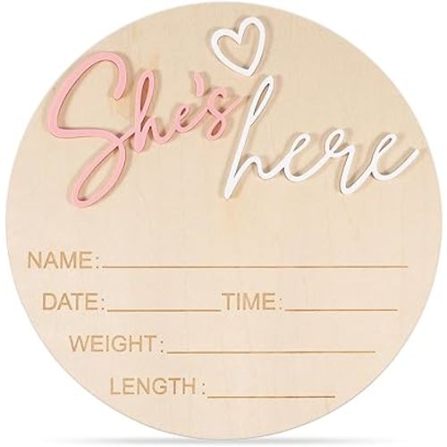 Birth Announcement Sign Wooden She’S Here Baby Sign 5.83Inch Round Welcome Baby Signs for Newborn Girls Photo Props Babys Shower Hospital Nursery