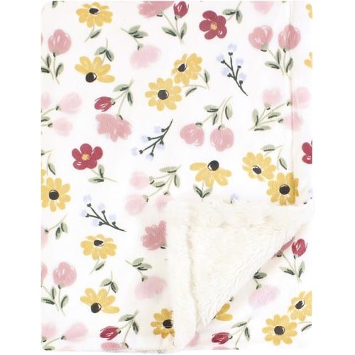 Hudson Baby Infant Girl Plush Blanket with Furry Binding and Back, Soft Painted Floral, One Size