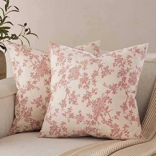 100% Cotton French Pastoral Throw Pillow Covers Set of 2, 18x18 Inch Red Farmhouse Decorative Cushion Covers for Sofa Bed Living Room Home Decor