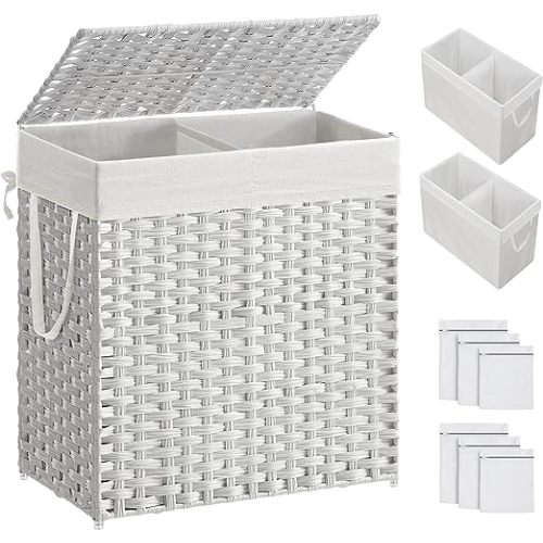 SONGMICS Laundry Hamper with Lid, 110L Clothes Hamper with 2 Removable Liner Bags & 6 Mesh Bags, Wicker Laundry Basket, Double Laundry Hamper for Laundry Room, 13 x 22.4 x 23.6 Inches, White ULCB52WT