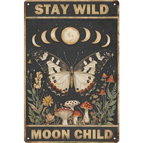 Kitchen Wall Decor Moon Girl Stay Wild Moon Child Sign Retro Mushroom Wall Decor for Bathroom Living Room Coffee Bar Decor Metal Tin Sign Man Cave 8x12 In