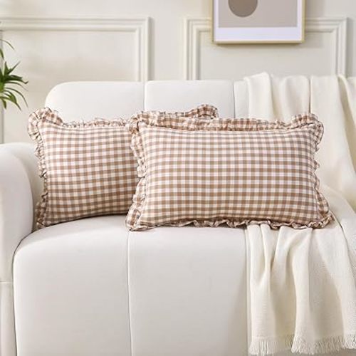 2 Pack Taupe Plaid Ruffle Lumbar Pillow Shams 12x20 inches, Washed Cotton Camel Brown Gingham Checkered Farmhouse Zipper Closure Pillow Covers for Bed/Sofa (Lumbar, Taupe/White Plaid)