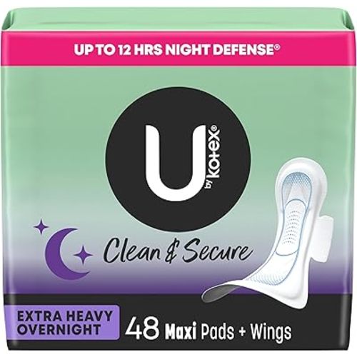 U by Kotex Clean & Secure Overnight Maxi Pads with Wings, Extra Heavy Absorbency, 48 Count (2 Packs of 24) (Packaging May Vary)