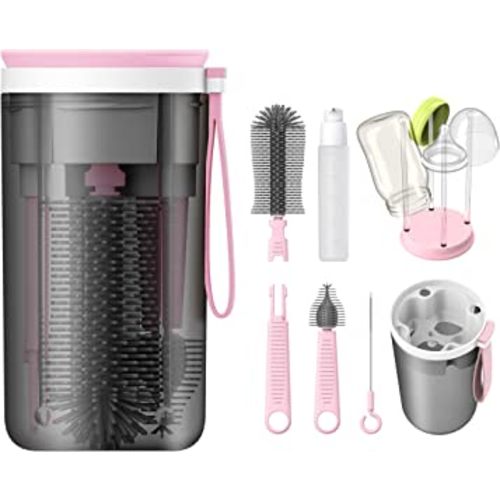 YOTIME Travel Baby Bottle Brush Set with Silicone Portable Bottle Brush, Nipple Cleaner Brush, Straw Brush, Bottle Soap Dispenser and Stand, Pink