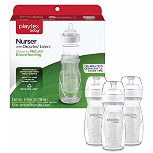 Playtex Baby Nurser Bottle with Pre-Sterilized Disposable Drop-Ins Liners, Closer to Breastfeeding, 8 Ounce Bottles, 3 Count - 8 Ounce - 3 Pack