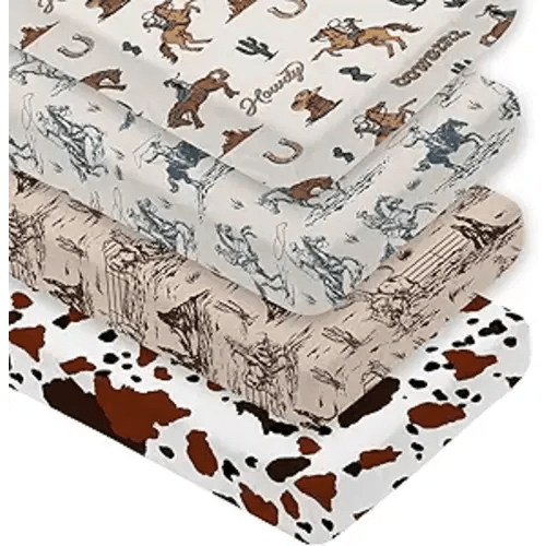 4 Pack Western Cowboy Crib Sheet Set for Boys or Girls, Neutral Soft Breathable Fitted Crib Sheet, Western Nursery Decor for Standard Crib and Toddler Bed Mattresses 28 x 52 in
