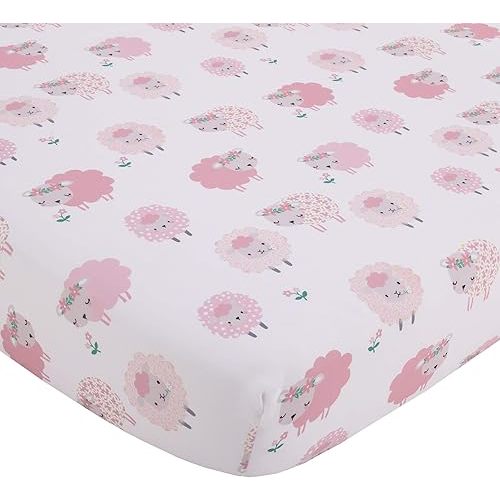 NoJo Farm Chic - Little Lambs Pink, Grey & White Fitted Crib Sheet, Pink, Grey, White