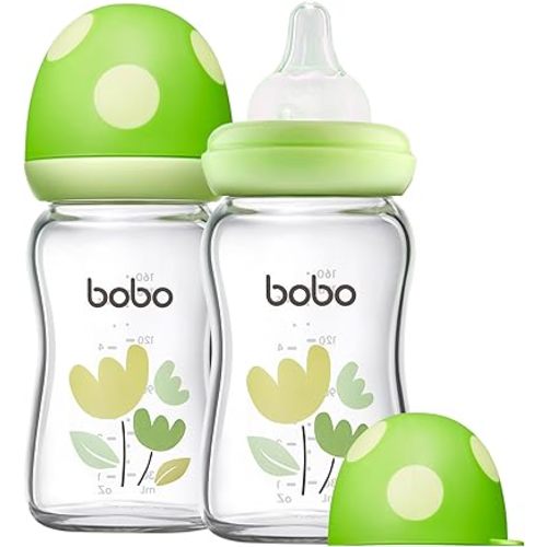 YOHKOH Natural Glass Baby Bottle with Natural Response Nipple, Newborn Anti-Colic Baby Bottles, Wide Neck Mushroom Cap Baby Bottle, Clear (Green, (5.4oz (Pack of 2))