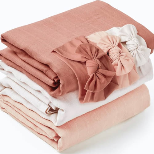 Konssy 3 Pack Muslin Baby Receiving Blankets with Headband Set, Soft Fabric Newborn Swaddle Blanket, Large 45.6 x 45.6 inches, Breathable Muslin Baby Swaddles for Boys & Girls