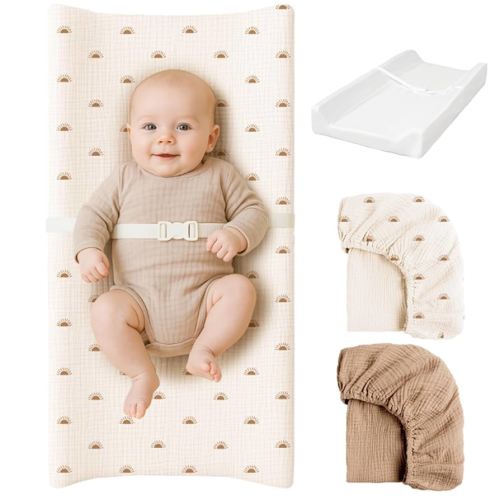 Konssy Muslin Changing Pad with Waterproof Lining Foam, Includes 2 Pack Soft & Cotton Cover, Baby Diaper Changing Pad for Dresser or Table, 32x16 inches (Sun,Camel)