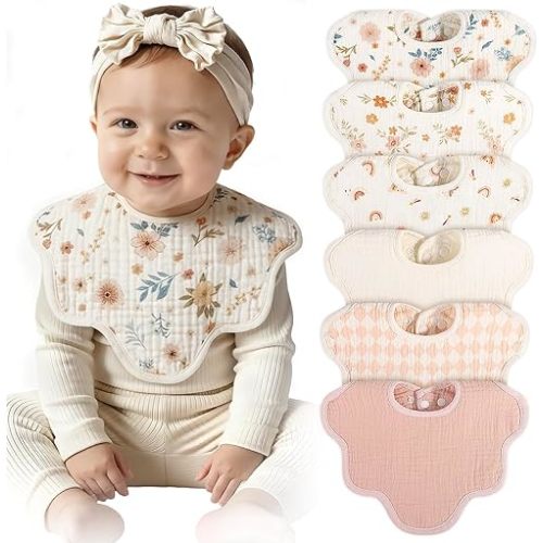 CandyHome Muslin Bibs for Baby Girl Boy 6 Pack, 100% Cotton Extra Soft Absorbent Bandana Baby Bibs for Drooling and Teething Toddler Baby Girl Newborn Essentials Gifts