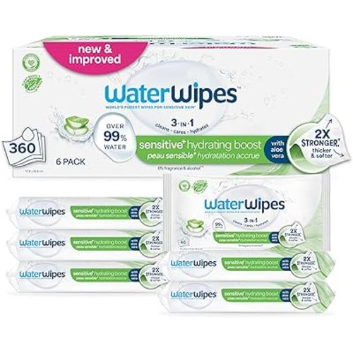 WaterWipes Sensitive+ Hydrating Boost Wipes, 3-In-1 Cleans, Cares, Hydrates, 99% Water with Aloe Vera, Unscented & Hypoallergenic Baby Wipes, 360 Count (6 Packs)