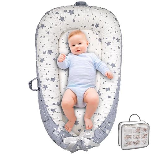 Baby Lounger, Ultra Breathable Cotton Soft Baby Newborn Lounger, Portable Lightweight Adjustable Infant Floor Seat for Travel, Newborn Essentials Baby Registry Search(Stars)
