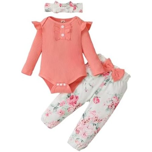Kislio Newborn Baby Girls Clothes Ribbed Ruffled Romper+Floral Pants+Headband Infant Outfit Set