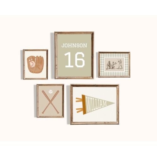 Sage Green Baseball Nursery Set of 5 Gallery Wall Art Digital Prints with Custom Name Pennant, Baseball Players Boys and Girls Room Decor