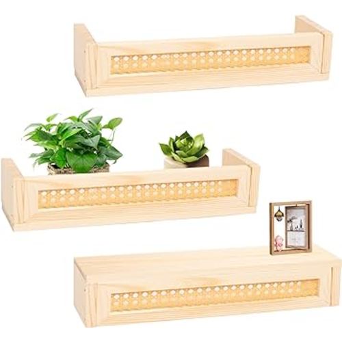 Defined Deco 16” Rattan Shelf Set of 3 for Wall Decor, Boho Rattan Bookshelves Wood Hanging Floating Shelves for Kids Room, Baby Bookcase for Nursery, Hanging Bookshelves for Playroom, Bedroom Decor