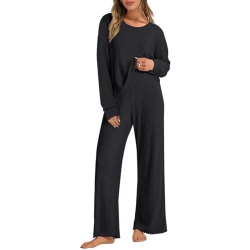 ANRABESS Women 2 Piece Lounge Pajamas Sets Casual Ribbed Knit Long Sleeve Top Pants Matching Set 2025 Fall Outfits Clothes
