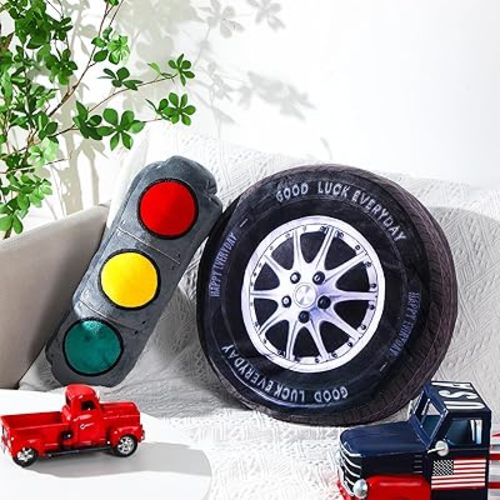 Woanger 2 Pcs Racing Pillow Room Decorations Set 15.7 Inch Big Creative 3D Simulation Wheel Pillow Funny Cone Traffic Light and Stop Sign Soft Race Car Tire Plush for Kid Room(Traffic Light)