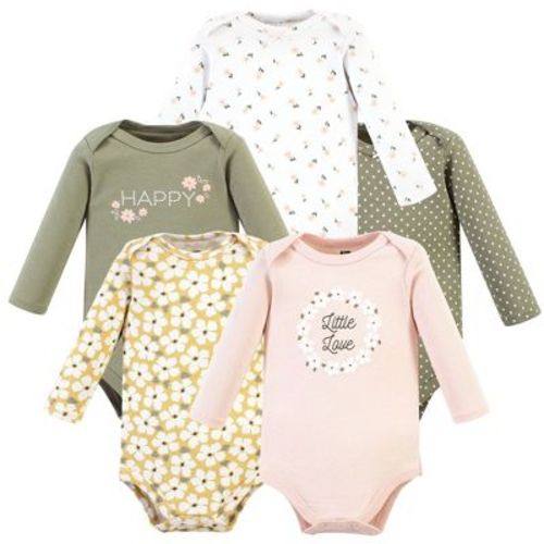 Hudson Baby Infant Girl Cotton Long-Sleeve Bodysuits, Sage Floral Wreath 5 Pack, 6-9 Months