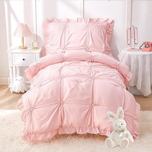 Princess Toddler Bedding Set for Girls, 4 Piece Ruffles Jacquard Embroidery Toddler Bed Sheets with Boho Toddler Comforter, Fitted Sheet, Flat Sheet and Pillowcase, Pink
