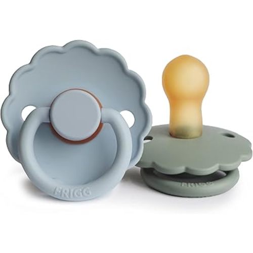 FRIGG Daisy Natural Rubber Baby Pacifier | Made in Denmark | BPA-Free (Powder Blue/Sage, 0-6 Months) 2-Pack