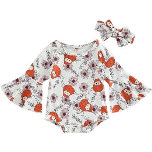 Bingqiling Baby Girls Boys Western Onesie Romper Cows Print Long Flared Sleeves Fall Winter Newborn Outfit