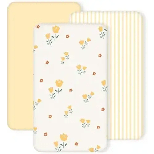 3 Pack Stretchy Bassinet Sheets - Universal Fit for Rectangle, Round, Oval, Hourglass Cradles & Moses Baskets - Soft Breathable Fitted Bassinet Sheets Set for Baby - Yellow & Flower